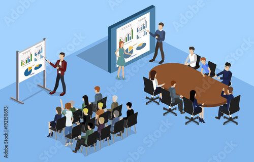 Isometric 3D illustration set Interior of department conference with workplaces