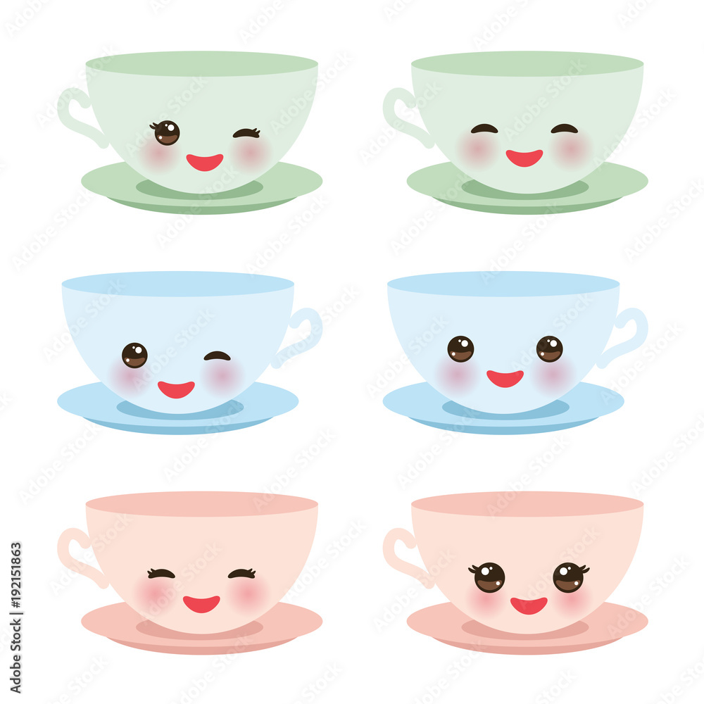 Cute blue pink green Kawaii cup set, coffee tea with pink cheeks and  winking eyes, pastel colors on white background. Vector Stock Vector