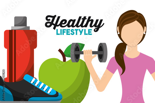 woman athletic lifting barbell apple sneaker and bottle water healthy lifestyle vector illustration