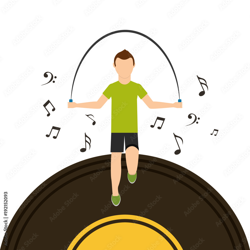 sport man jumping rope with vinyl disk musical note vector illustration ...