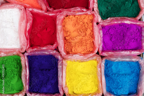 Colorful rangoli powder for sale on Kathmandu street market, Nepal