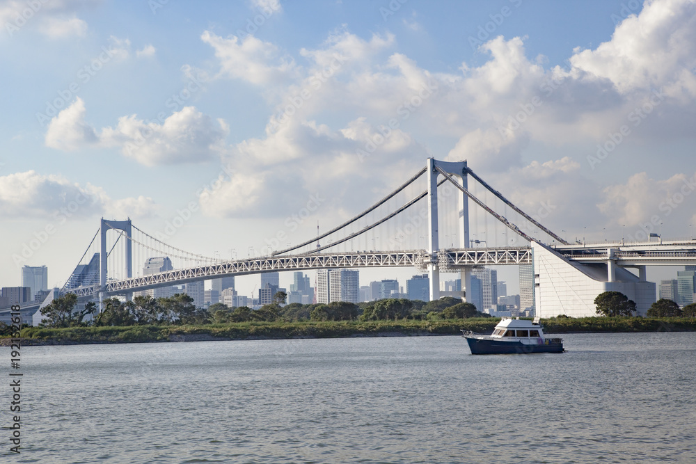 rainbow bridge crossing tokyo harbor to odaiba island important traveling destination in japan