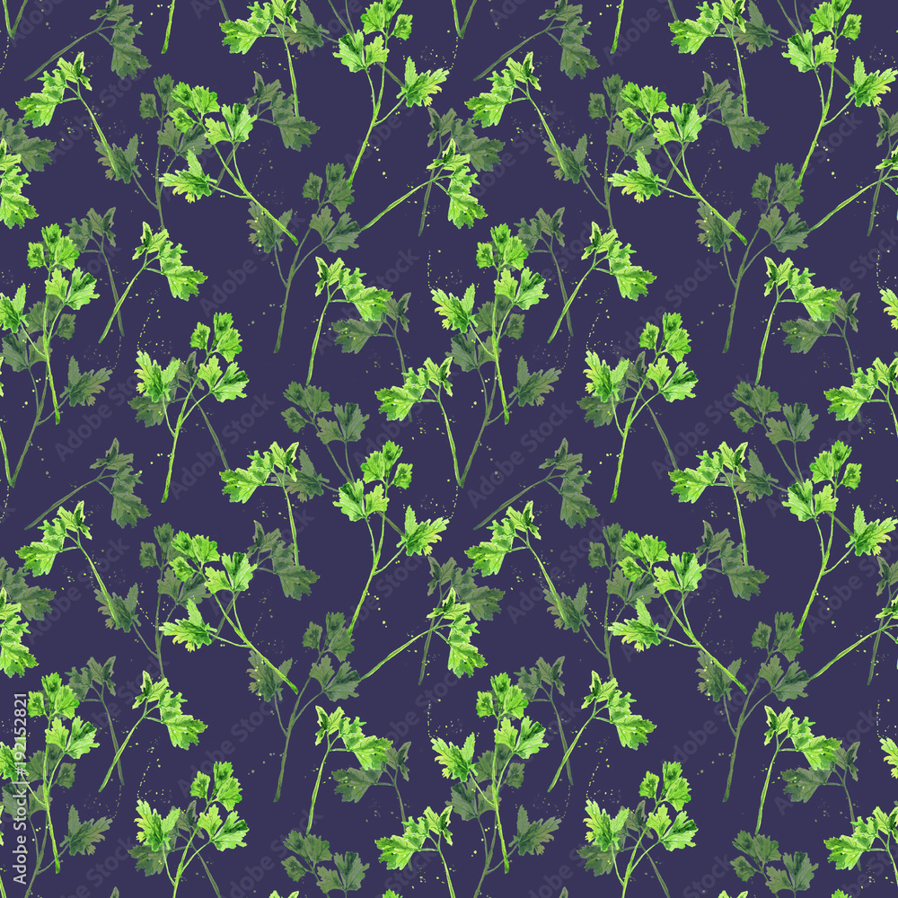 Seamless pattern with green branches of parsley or cilantro on dark blue background