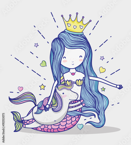 Little mermaid with unicorn art cartoon