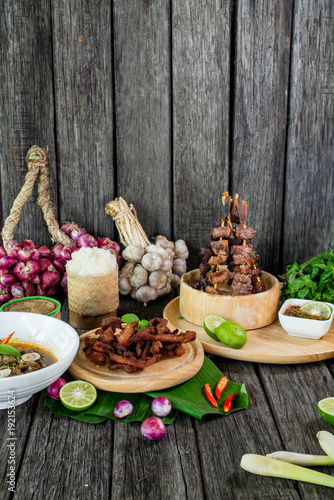 Thai food deep fried beef slice with herbs, Esan food, Thai Food, Selective focus