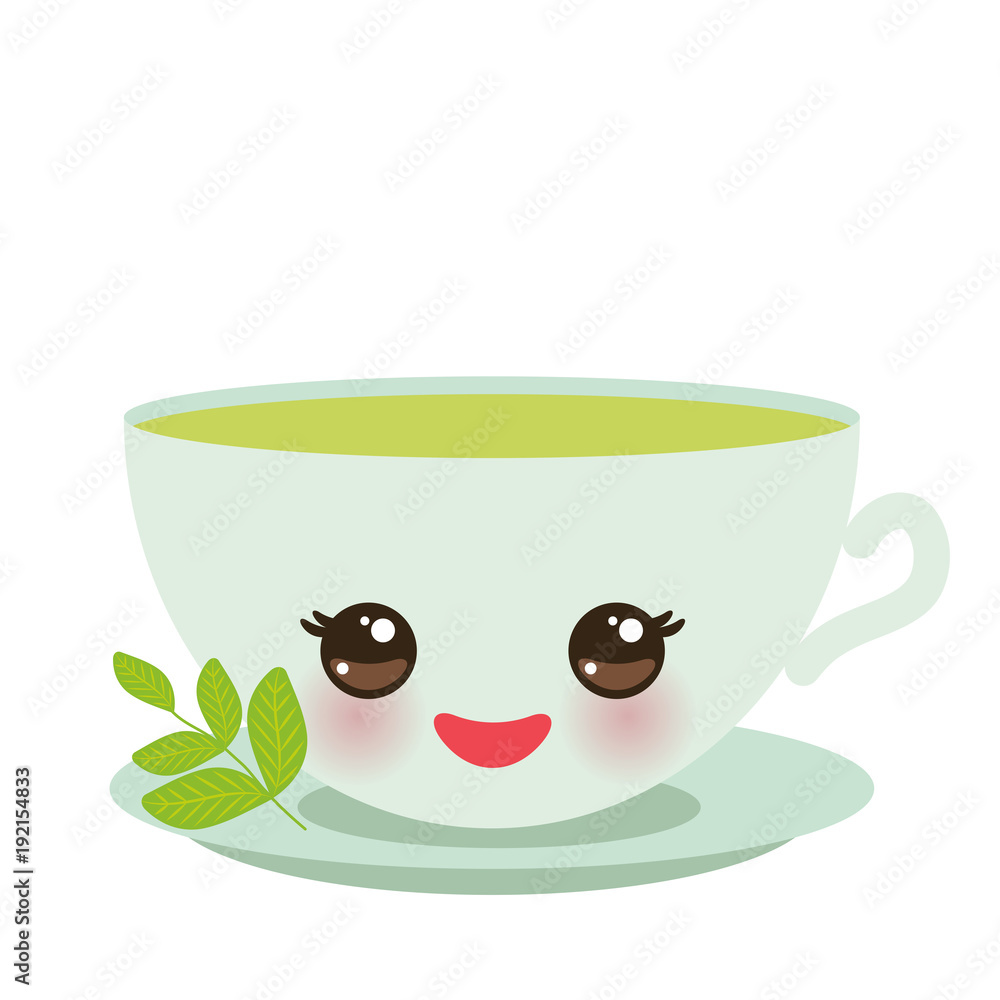 Cute green Kawaii cup, with pink cheeks and eyes, green tea and twig with  leaves pastel colors on white background. Vector Stock Vector | Adobe Stock