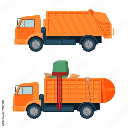Long orange dumpster truck with empty and full body set