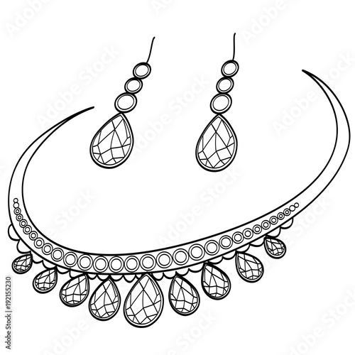 Diamond necklace and earrings. Coloring book vector photo