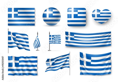 Set Greece flags, banners, banners, symbols, flat icon. Vector illustration of collection of national symbols on various objects and state signs