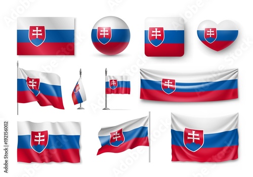 Set Slovakia flags, banners, banners, symbols, flat icon. Vector illustration of collection of national symbols on various objects and state signs