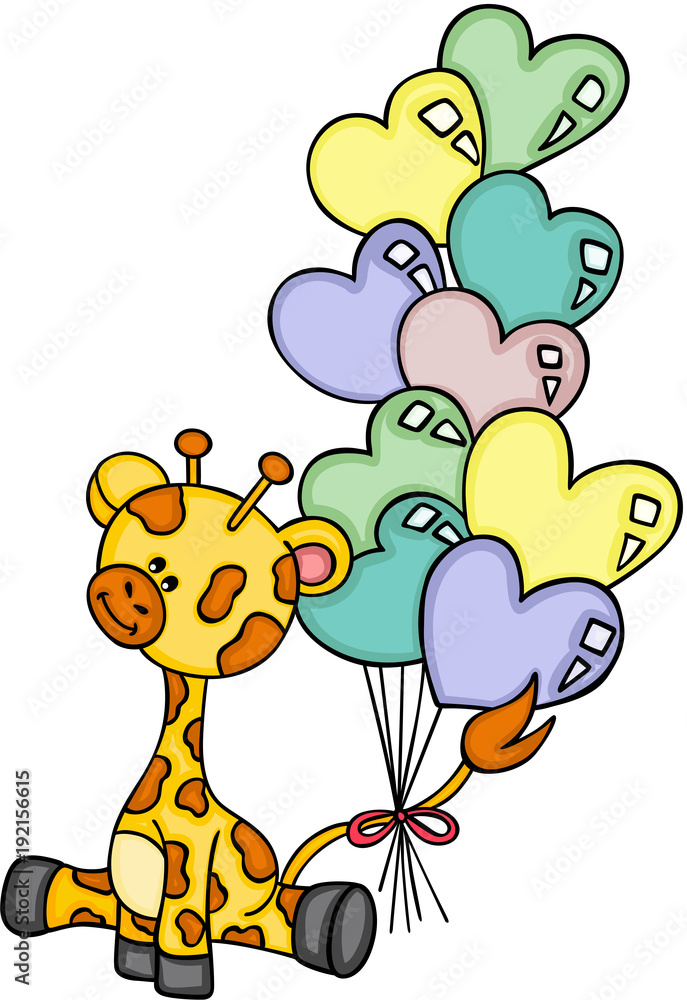 Naklejka premium Cute giraffe sitting with heart shaped balloons 