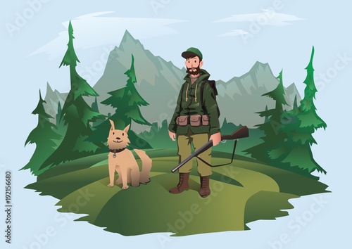 Hunter with gun and happy dog. Huntsman standing in the forest against a mountain landscape. Vector illustration, isolated on light background.