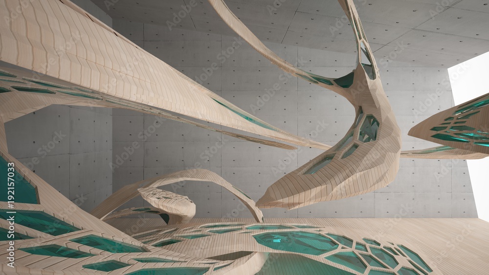 Obraz premium Abstract concrete and wood parametric interior with window. 3D illustration and rendering.