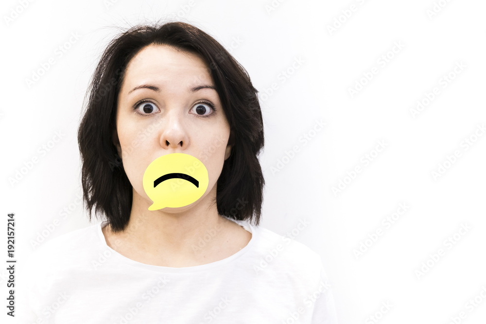 Put a sad pessimistic face on, sadness and depressive emotions concept, man holding picture frame with smiley emoticon printed. Put a sad pessimistic face on, sadness and depressive emotions concept, man holding picture frame with smiley emoticon printed.