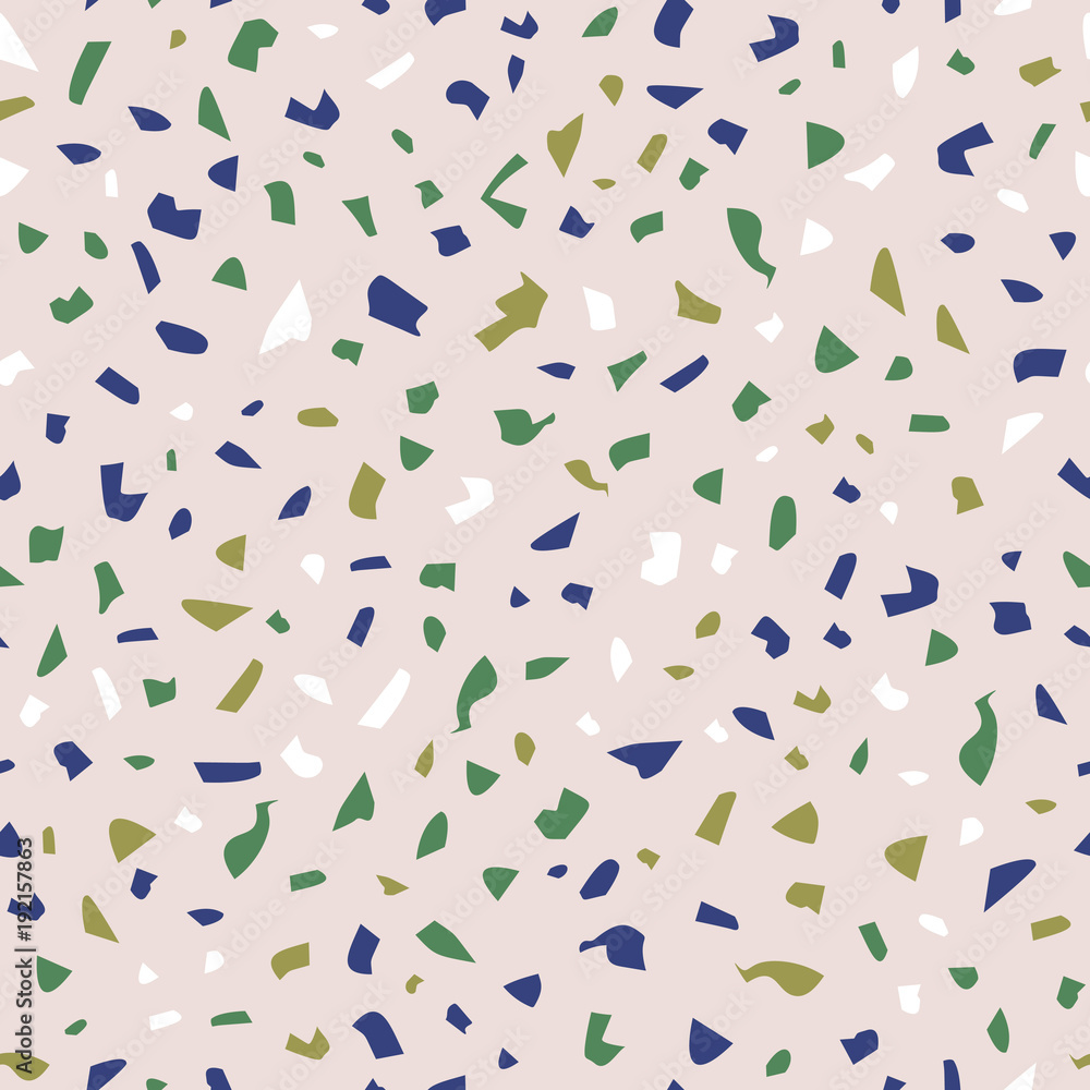Vector terrazzo floor seamless pattern. Fashion marble abstract on pink background. Hand drawn pop art confetti in memphis style.