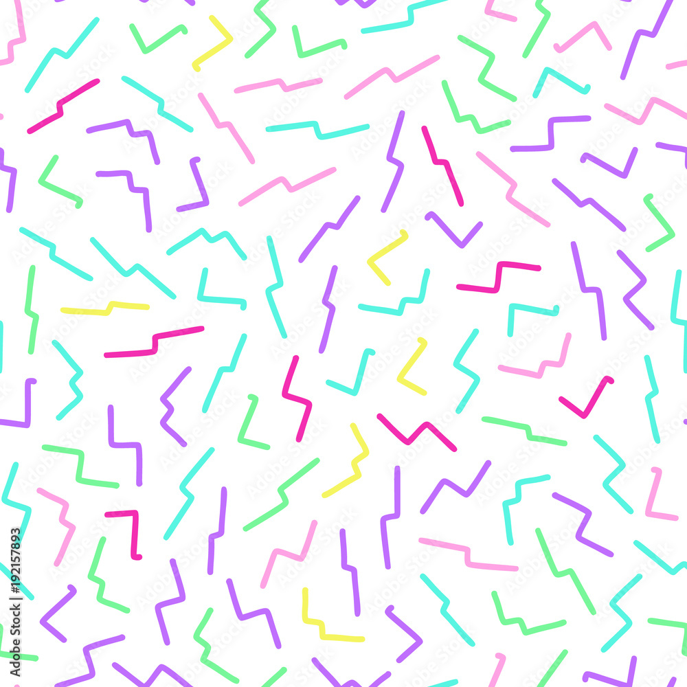 Hand drawn colorful abstract confetti seamless pattern. Pop art fashion festival abstract background in memphis style.