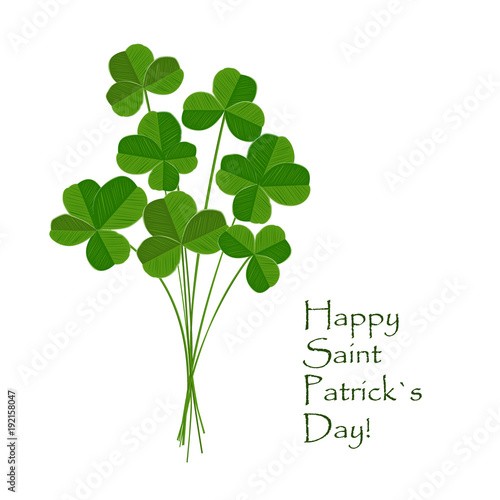 Green clover bouquet with quarterfoil and trefoilon leaves on white background. St Patrick day greeting card. Irish. Vector flat illustration.