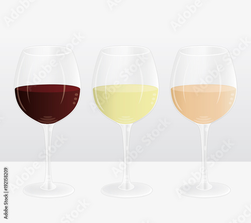 Three wine glasses filled with red, white and rosé wine. Vector marketing presentation.