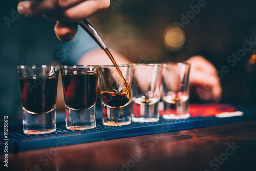 Fotografie, Obraz Bartender pouring and serving alcoholic drinks at bar