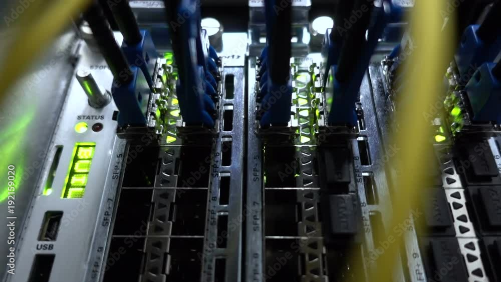 Working switch in data center room, connecting computers