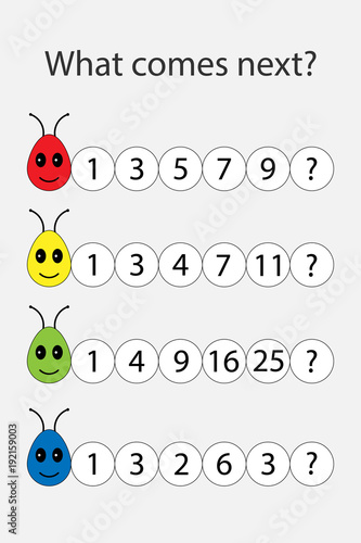 What comes next with numbers for children, fun education game for kids, preschool worksheet activity, task for the development of logical thinking, vector illustration