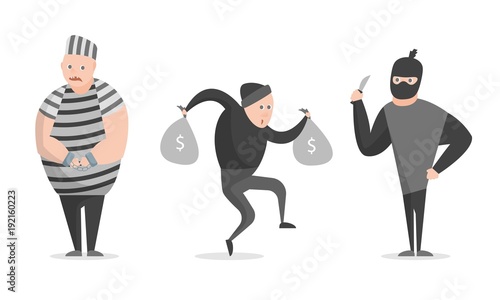 Cartoon Crime, Bandit, Thief Characters Icon Set. Vector