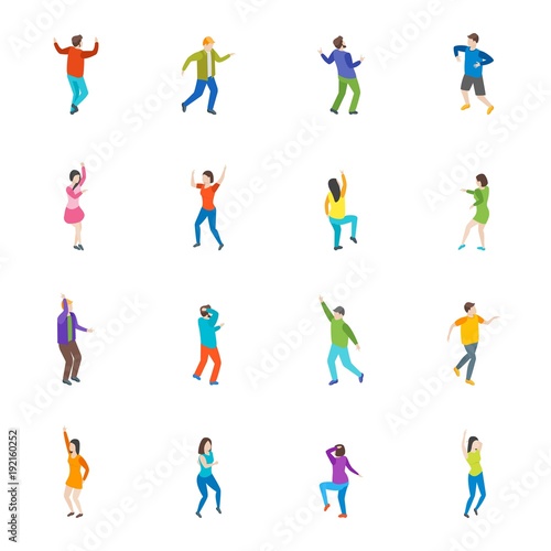 Isometric Dancing People Characters Icon Set. Vector