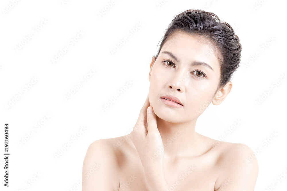 Beautiful Asian Woman Portrait. Beautiful Woman looking to camera. Korean Woman Touching her Face. People with Youth and Skin Care Concept. isolated on white background. Beautiful Asian Woman Portrait. Beautiful Woman looking to camera. Korean Woman Touching her Face. People with Youth and Skin Care Concept. isolated on white background.