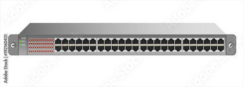 The Ethernet switch for mounting with a 19-inch rack with 48 ports. Vector illustration.