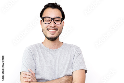 Closeup portrait of happy asian man face, isolated on white background with copy space. photo