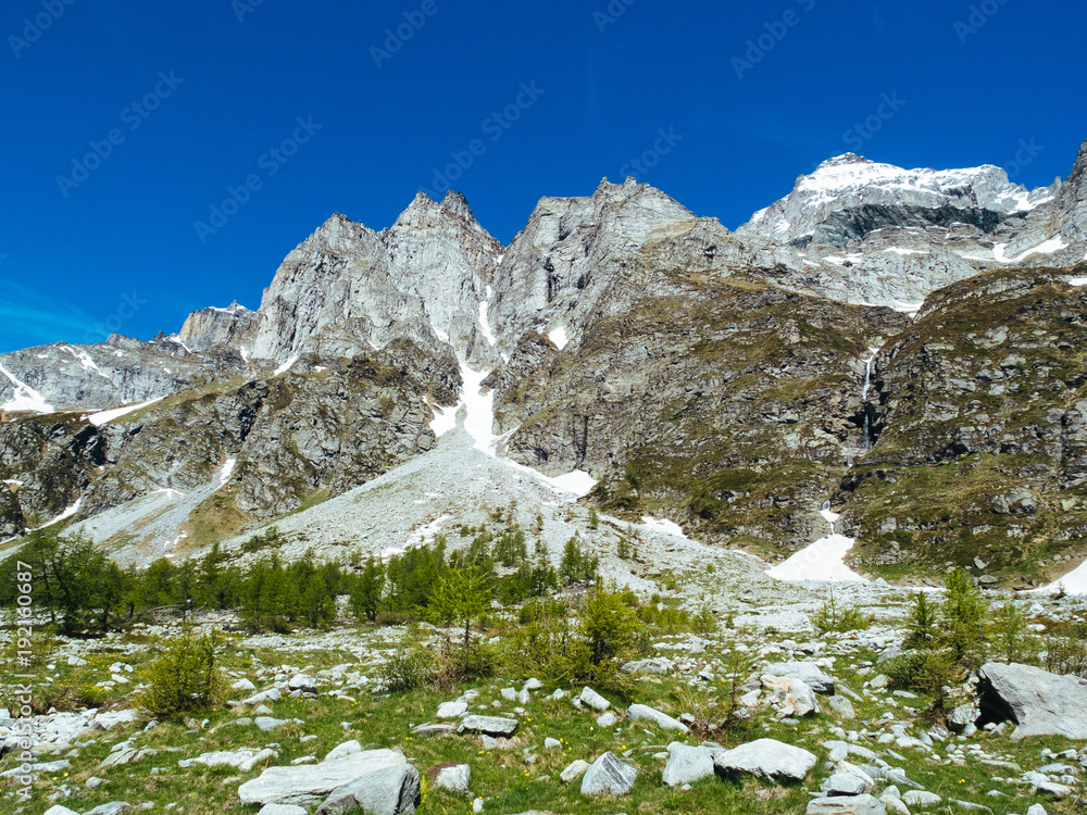 landscape view in the spectacular angles of the Devero Alp in a sunny day, Alpi Lepontine, summer mountain landscape