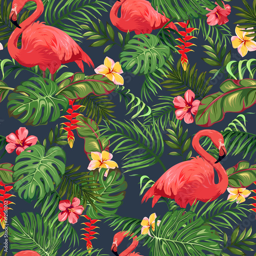 Canvas Print Seamless pattern with leaves of palm trees, exotic flowers and flamingo