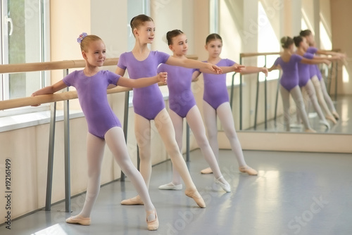 Young ballerinas having rehearsal at ballet school. Pretty young ballet dancers training at ballet barre in class.