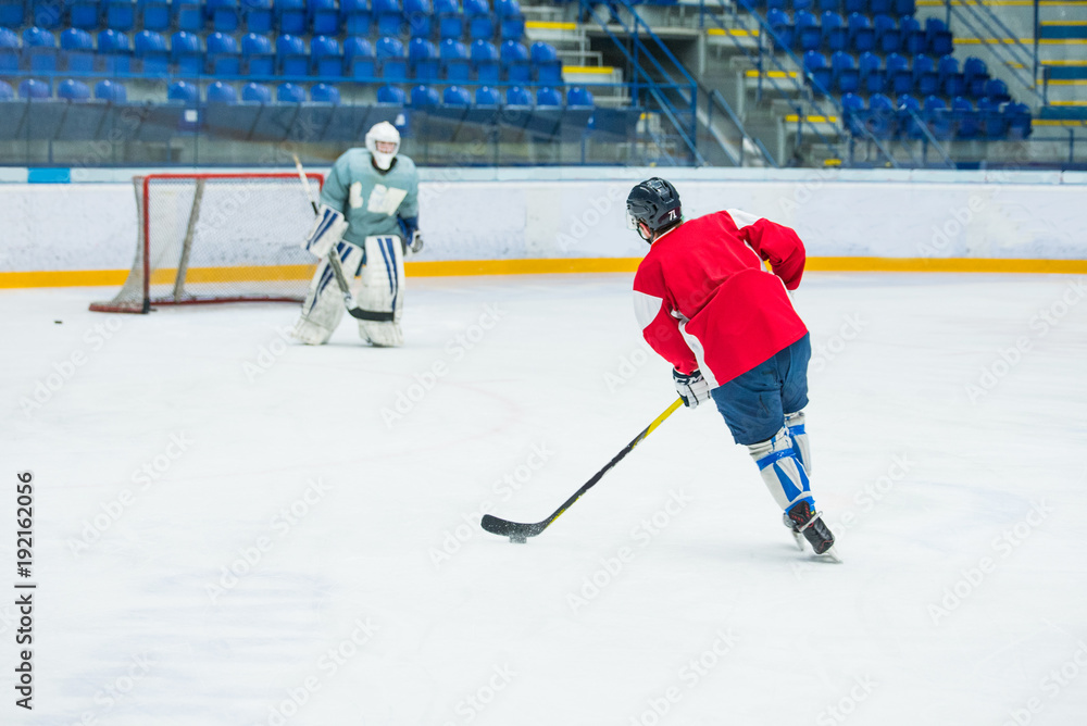 Fototapeta premium Hockey players on ice, professional hockey game, sport photo, goalie in background