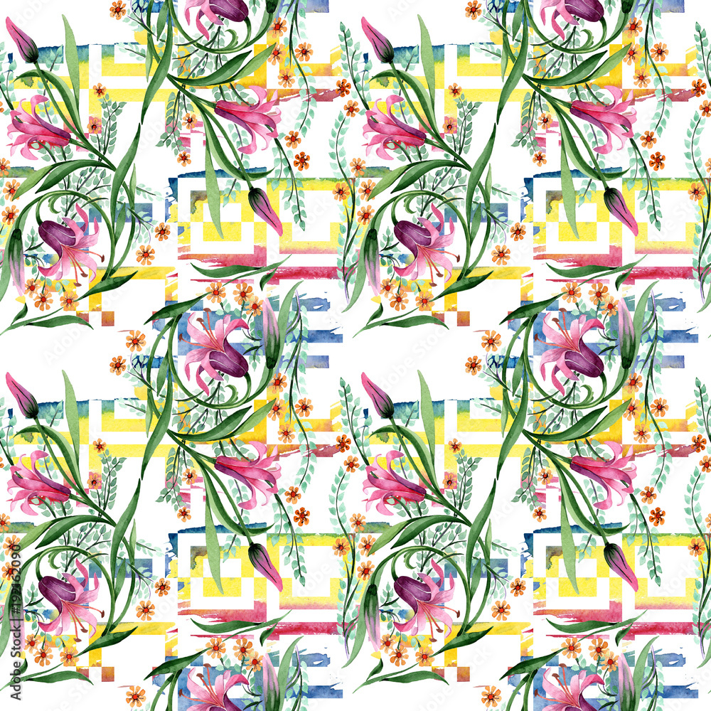 Fototapeta premium Wildflower ornament flower pattern in a watercolor style. Full name of the plant: lily. Aquarelle wild flower for background, texture, wrapper pattern, frame or border.
