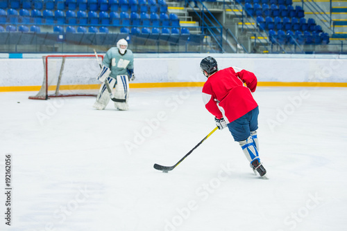 Hockey players on ice, professional hockey game, sport photo, goalie in background