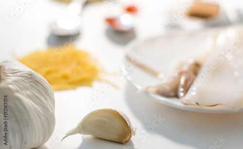 Ingredients for fideua  fideu     noodles  cut garlic  stock cube  squid and salt over a white background  isolated 