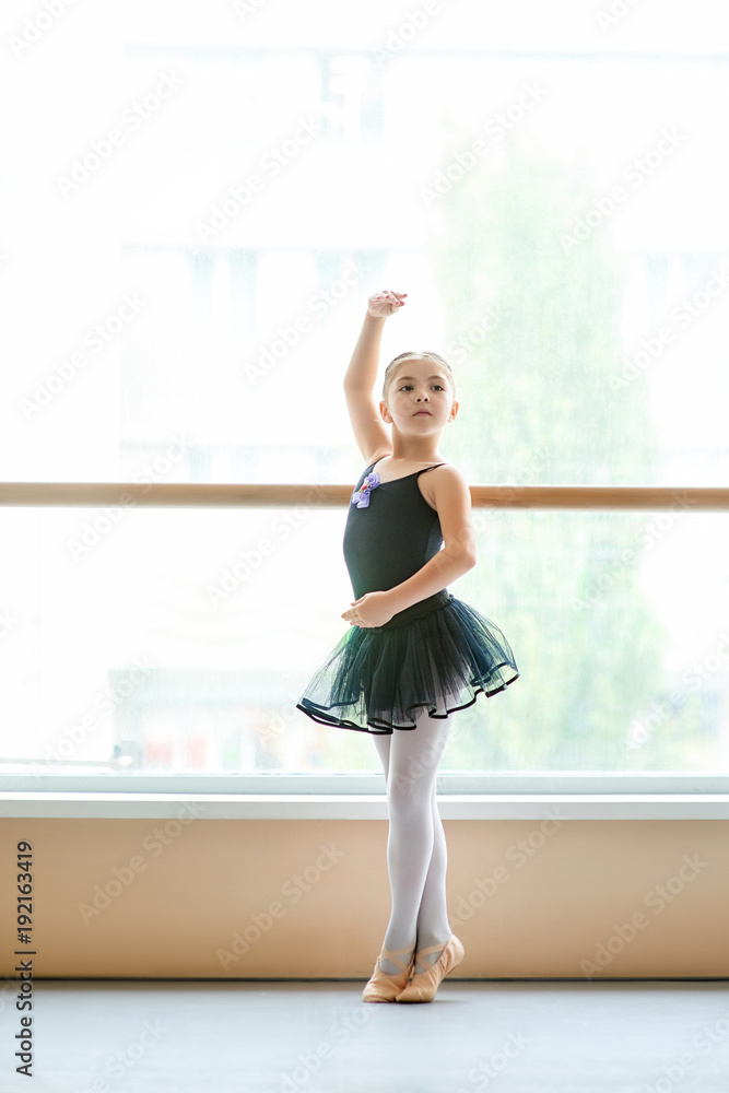 Beautiful ballet girl standing in ballet pose. Pretty young ballerina in black dress posing in ballet class. Beautiful ballet girl standing in ballet pose. Pretty young ballerina in black dress posing in ballet class.