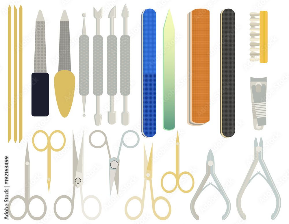 A collection set vector of manicure accessories - nail files, manicure tools, nail scissors, tweezers. Illustration for manicure spa salons, body care.