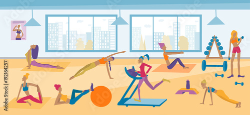 Young women doing exercises, yoga poses, running, fitness in the gym. Vector flat interior illustration.