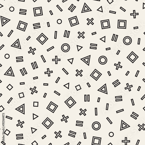 Seamless vector chaotic pattern. Randomly scattered geometric shapes. Abstract background