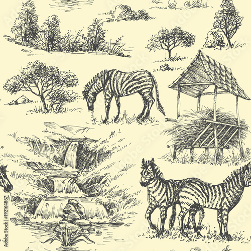 Nature seamless pattern. Zebra and wilderness, safari background