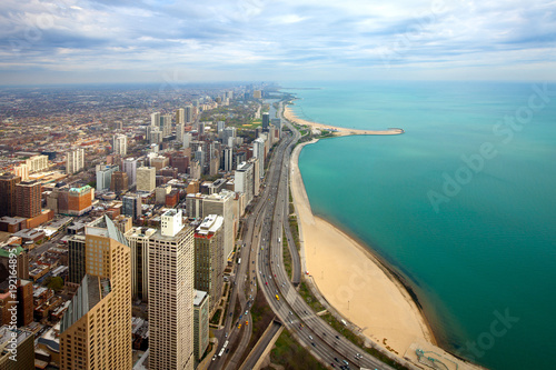 Aerial view of  North Chicago and Lake Michigan, Illinois, USA