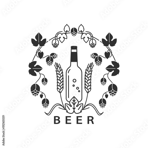 A bottle of beer in a frame of hops and wheat. Icon, sign, symbol in a line style for traditional beer. Brewery, pub, restaurant, craft. Vector illustration.