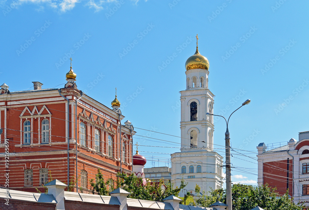 Obraz premium Travel showplace - Iversky Women's Monastery in Samara in sunny summer day, blue sky. Classic russian ortodox religion architecture