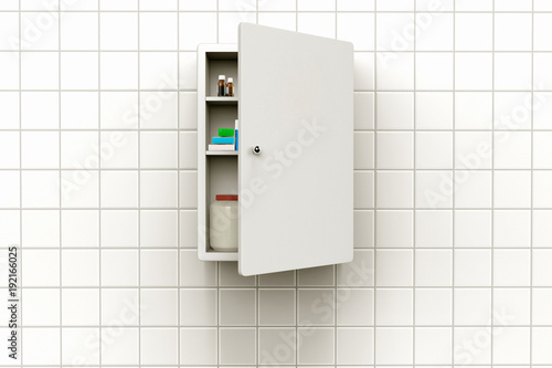 3D rendering of a medicine cabinet with open door on a tiled wall