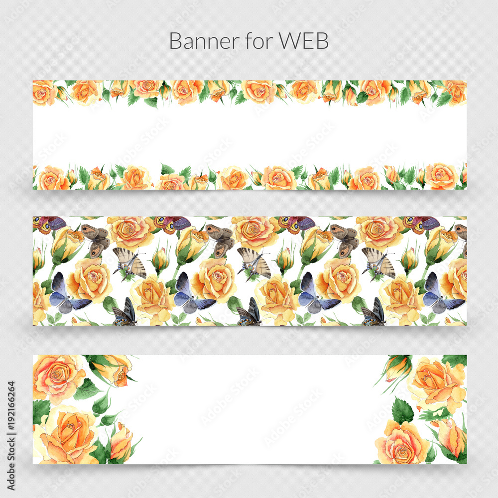 Wildflower yellow tea-hybrid roses flower frame in a watercolor style. Full name of the plant:  rose, hulthemia, rosa. Aquarelle wild flower for background, texture, wrapper pattern, frame or border.