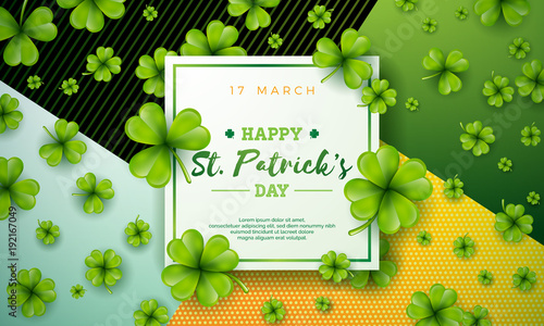 Vector illustration of Happy Saint Patricks Day with Green Falling Clover on Abstract Background. Irish Beer Festival Celebration Holiday Design with typography and Shamrock for Greeting Card, Party photo