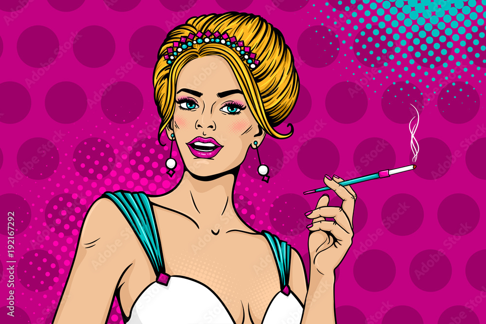 Wow female face. Sexy young blonde woman with open mouth in festive dress  and tiara holding mouthpiece with cigarette. Vector colorful background in pop  art retro comic style. Party invitation poster. Stock