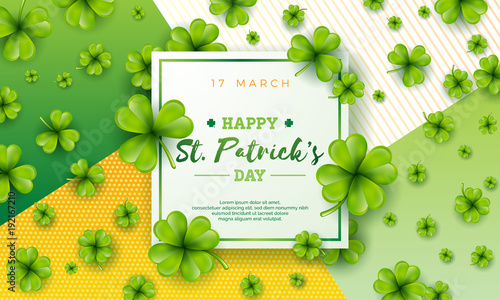 Vector illustration of Happy Saint Patricks Day with Green Falling Clover on Abstract Background. Irish Beer Festival Celebration Holiday Design with typography and Shamrock for Greeting Card, Party photo